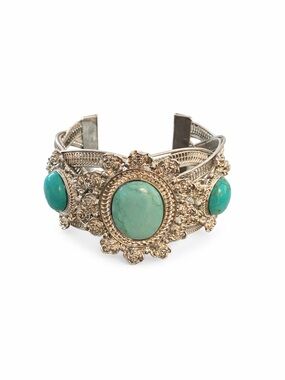 Statement Turquoise Cuff Bracelet Silver Tone Boho Western Floral Wide
